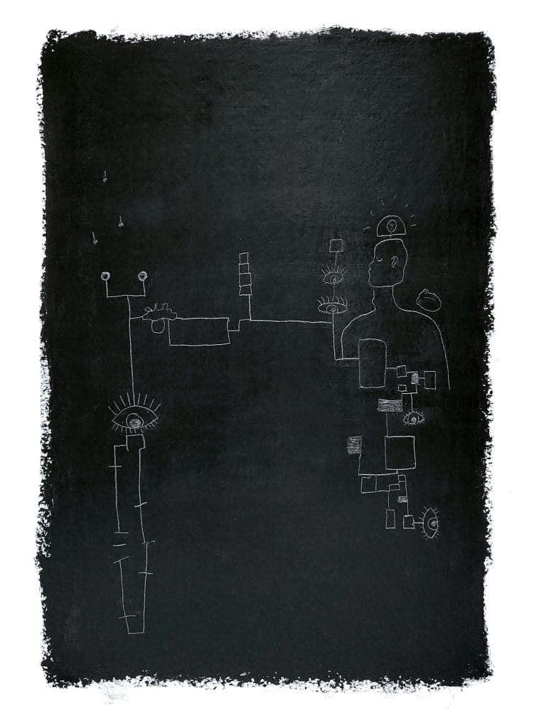 Black and white oil pastel abstract art by Liz Mares