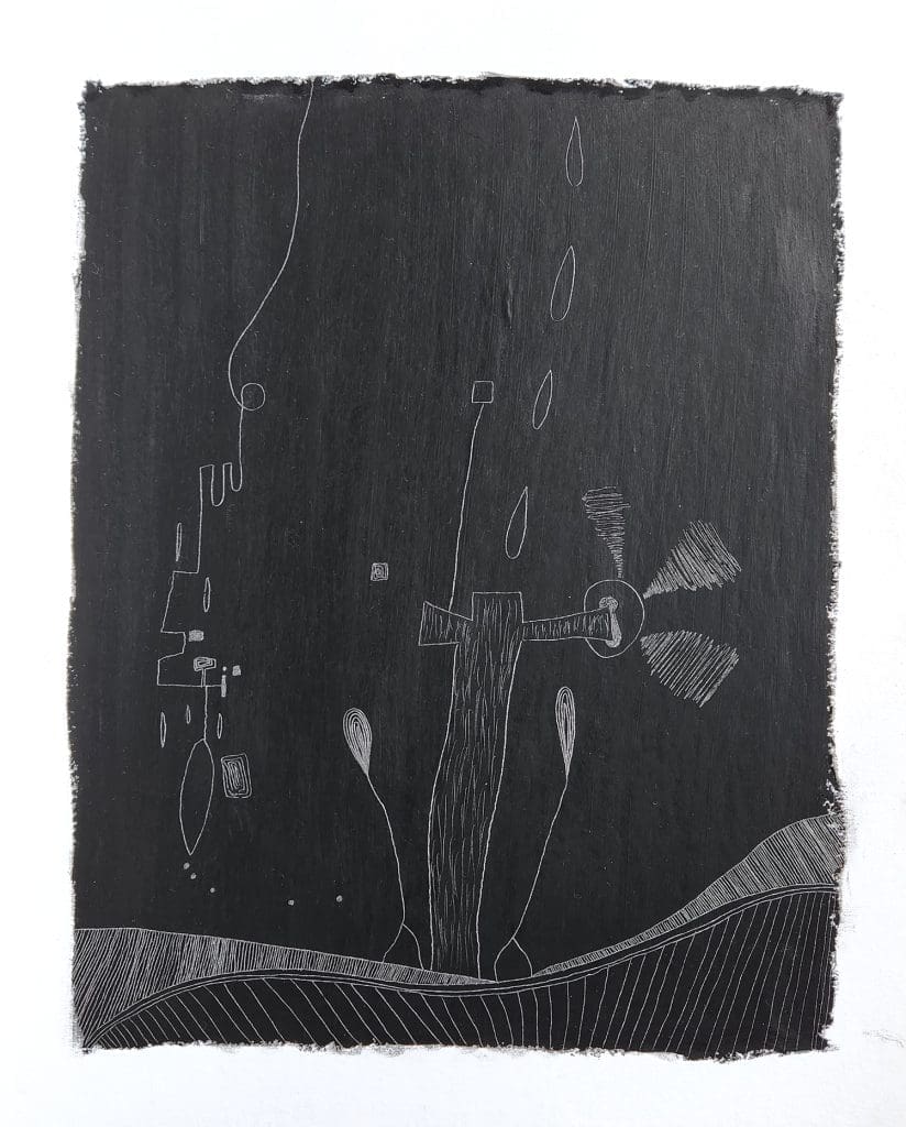 Black and white oil pastel abstract art by Liz Mares